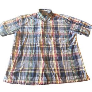 World Island Men's Large Blue Multicolor Plaid Button Down Short Sleeve Shirt